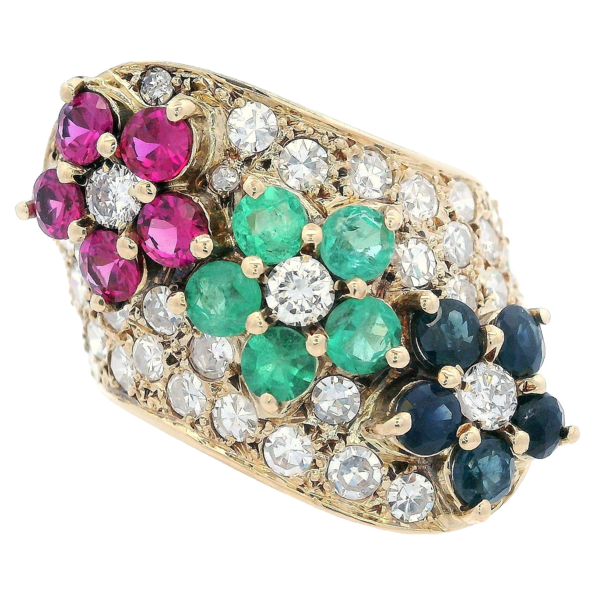 Art Decó 1930 Anillo de oro amarillo de 18 quilates con diamantes, rubíes, zafiros y esmeraldas