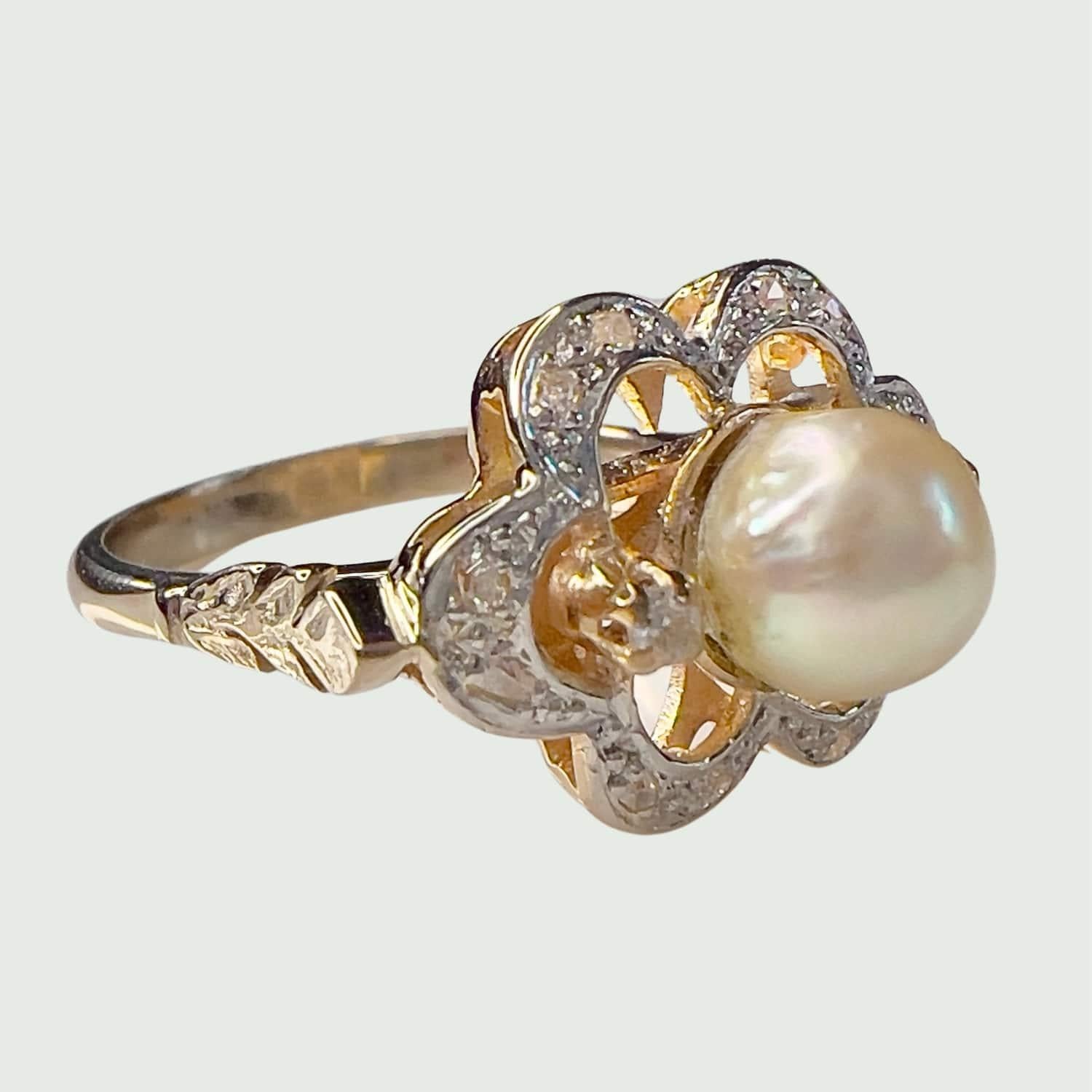 Single Cut Art Deco 1930-1935 Diamond and Cultured Pearl Gold Ring