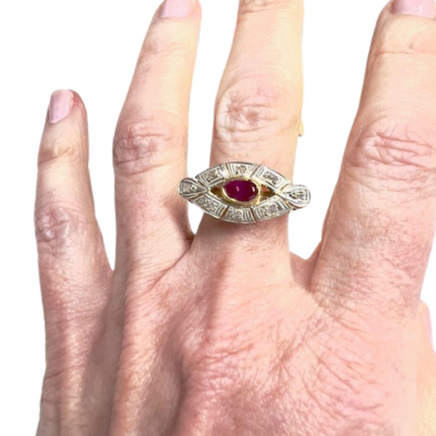 Antique Cushion Cut Art Deco 1930-1935 Diamond and Ruby  Gold Ring For Sale