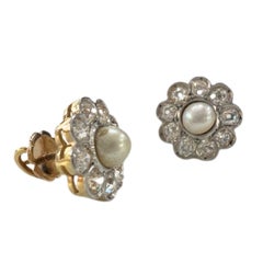 Art Deco 1930-1935 Diamonds 1.44 ct and Pearl in 18k Gold Platinum Earrings