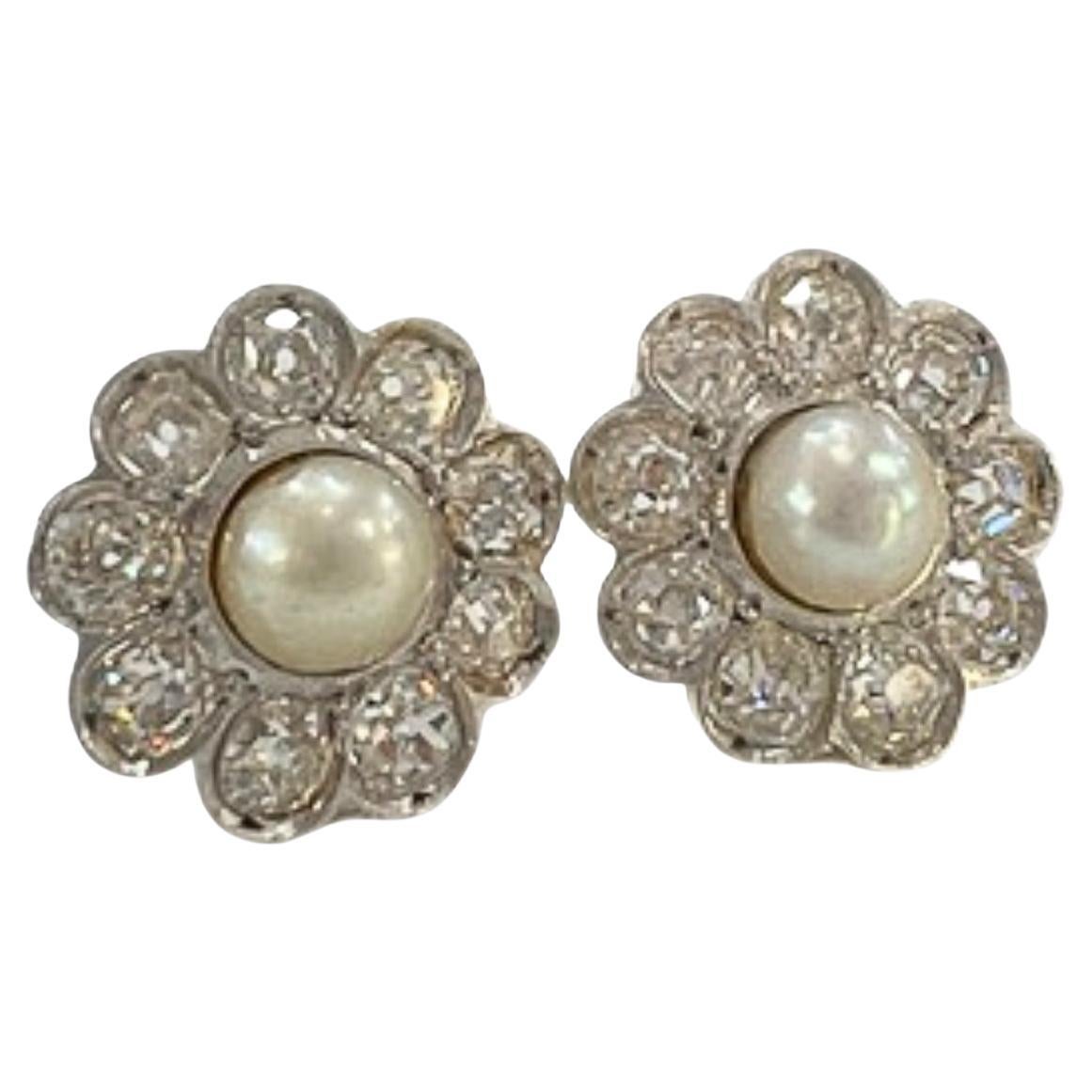 Art Deco 1930-1935 Diamonds 1.44 ct and Pearl in 18k Gold Platinum Earrings