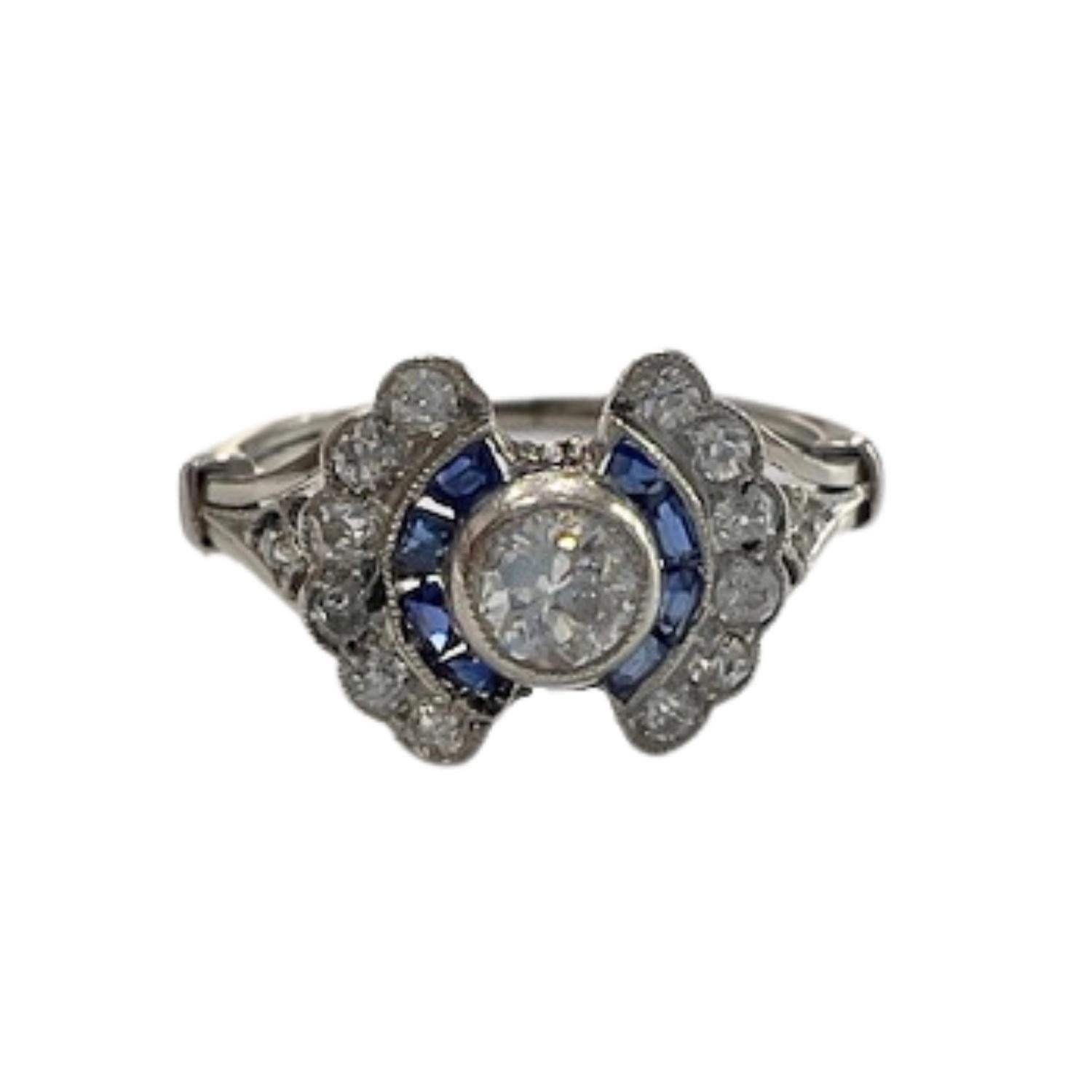 Antique Cushion Cut Art Deco 1930-1935 with Diamonds and Sapphires Platinum Ring