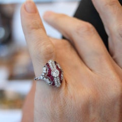 ART DECO 1930 American Geometric Ring Platinum With 2.45 Ctw Diamonds & Rubies