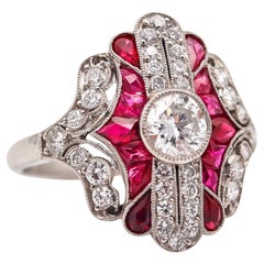 ART DECO 1930 American Geometric Ring Platinum With 2.45 Ctw Diamonds 
Rubies