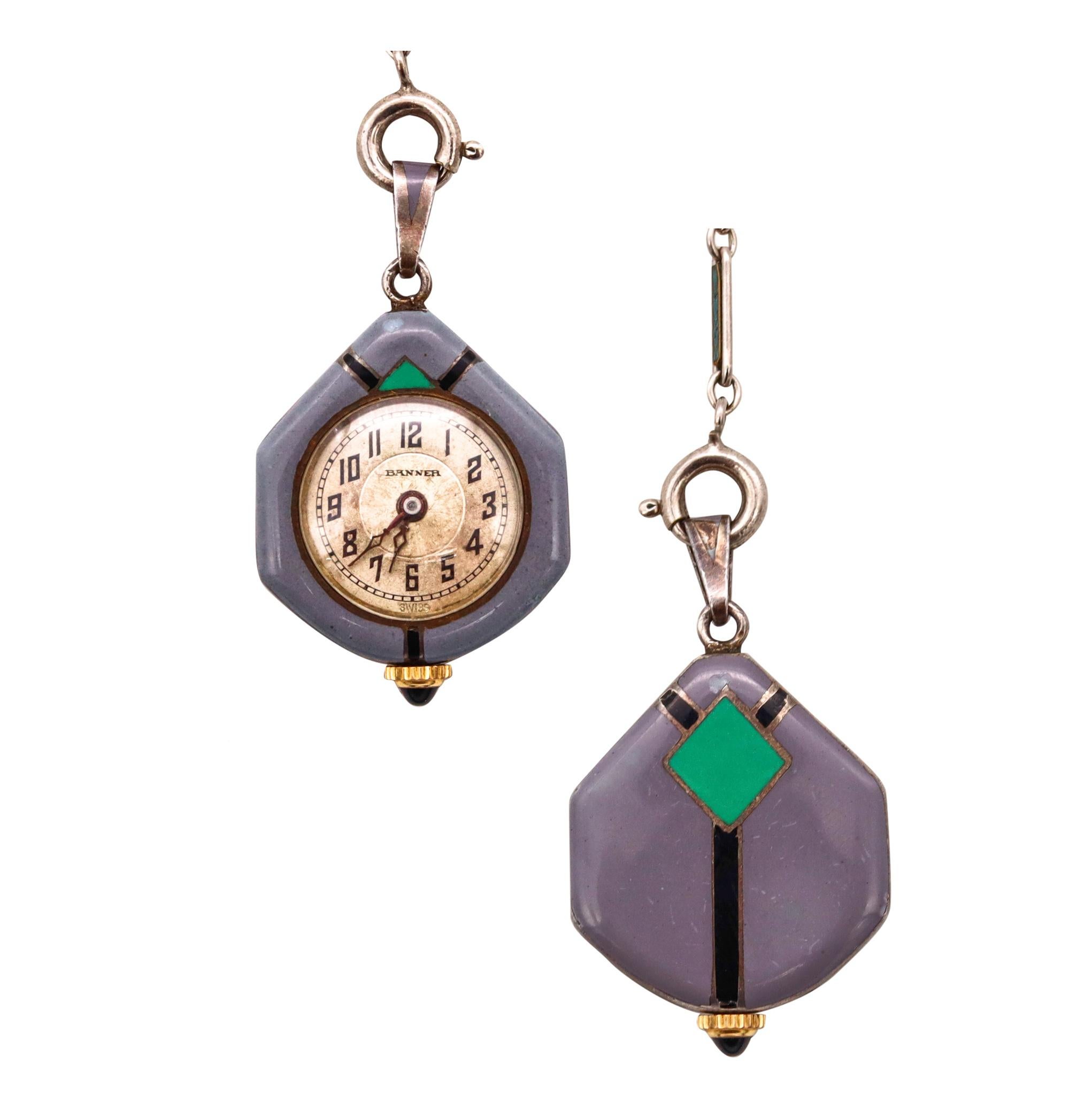 Art deco chatelaine watch designed by Banner.

An antique hexagonal piece, created in Germany during the Art Deco period, circa 1930. This very unique chatelaine watch, was crafted in sterling silver and decorated, with geometric patterns made up