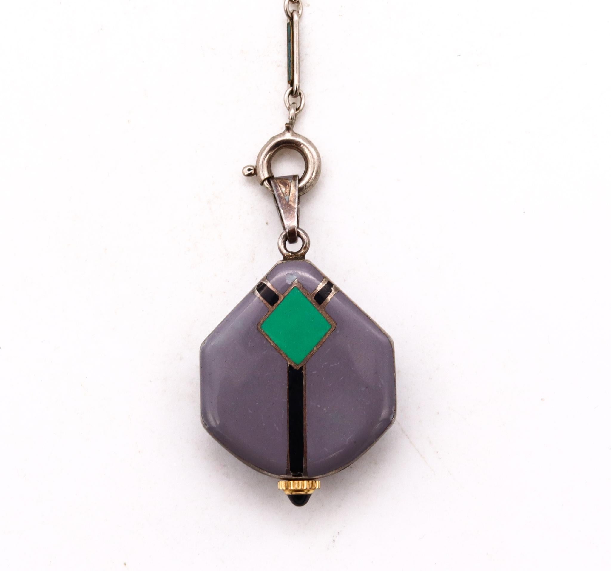 Women's or Men's Art Deco 1930 Antique Banner Watch with Enameled Geometric with Chatelaine Chain