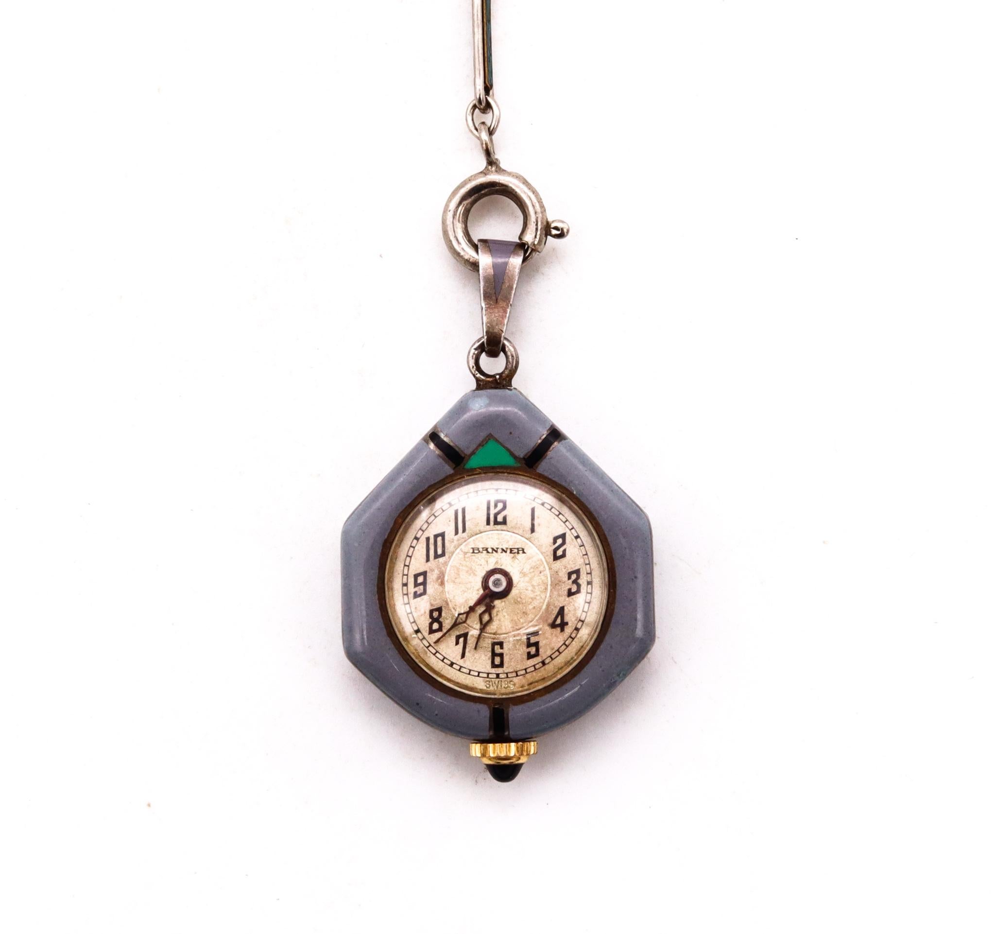 Art Deco 1930 Antique Banner Watch with Enameled Geometric with Chatelaine Chain For Sale 2