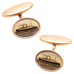 ART-DECO 1930 Antique Nautical Pair Of Steamships Cufflinks In Original Box