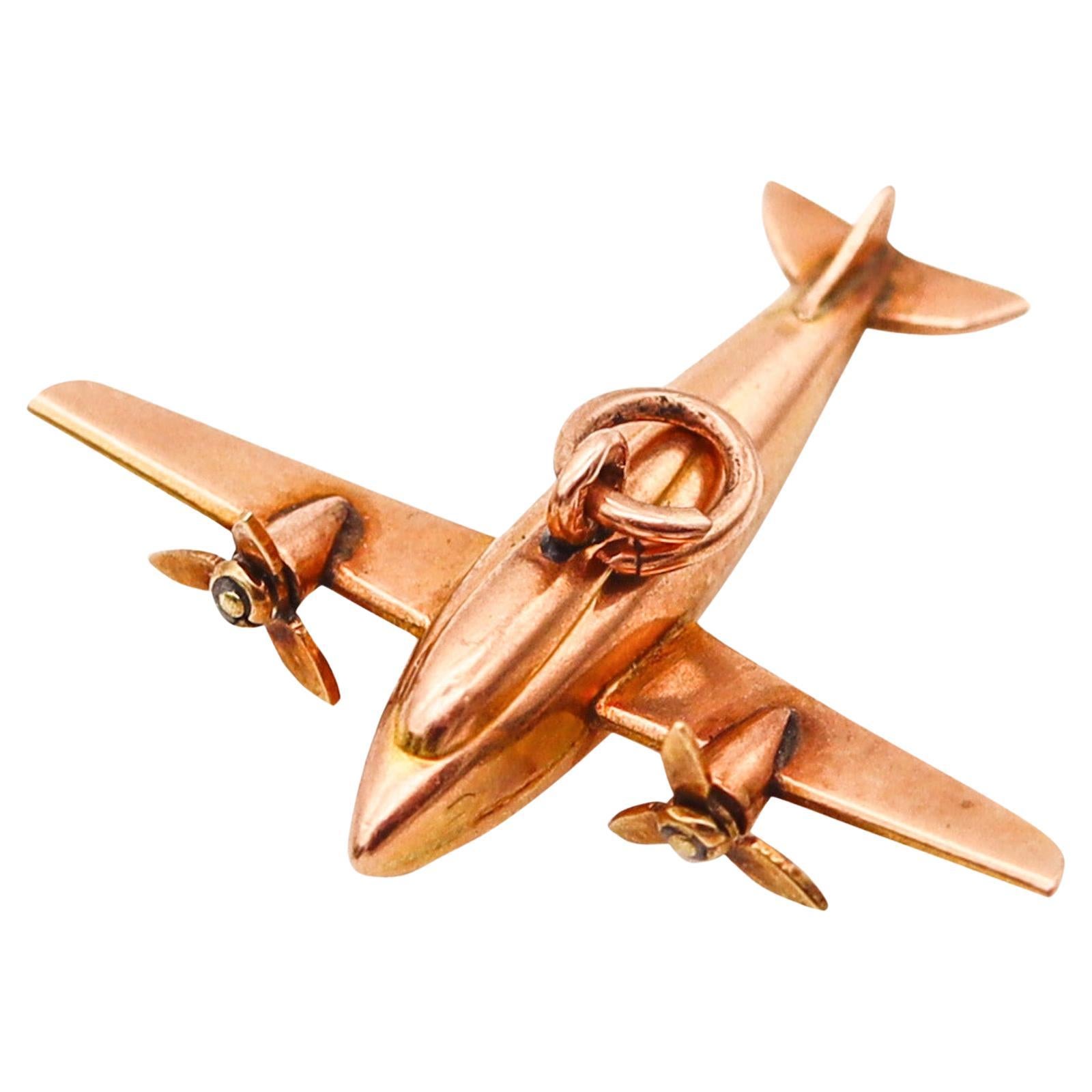 Art Deco 1930 Bi Motor Plane Pendant And Charm In Solid 14Kt Yellow Gold For Sale