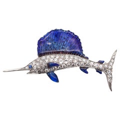 ART-DECO 1930 Blue Marlin Fish Brooch In Enameled Platinum With VS Diamonds