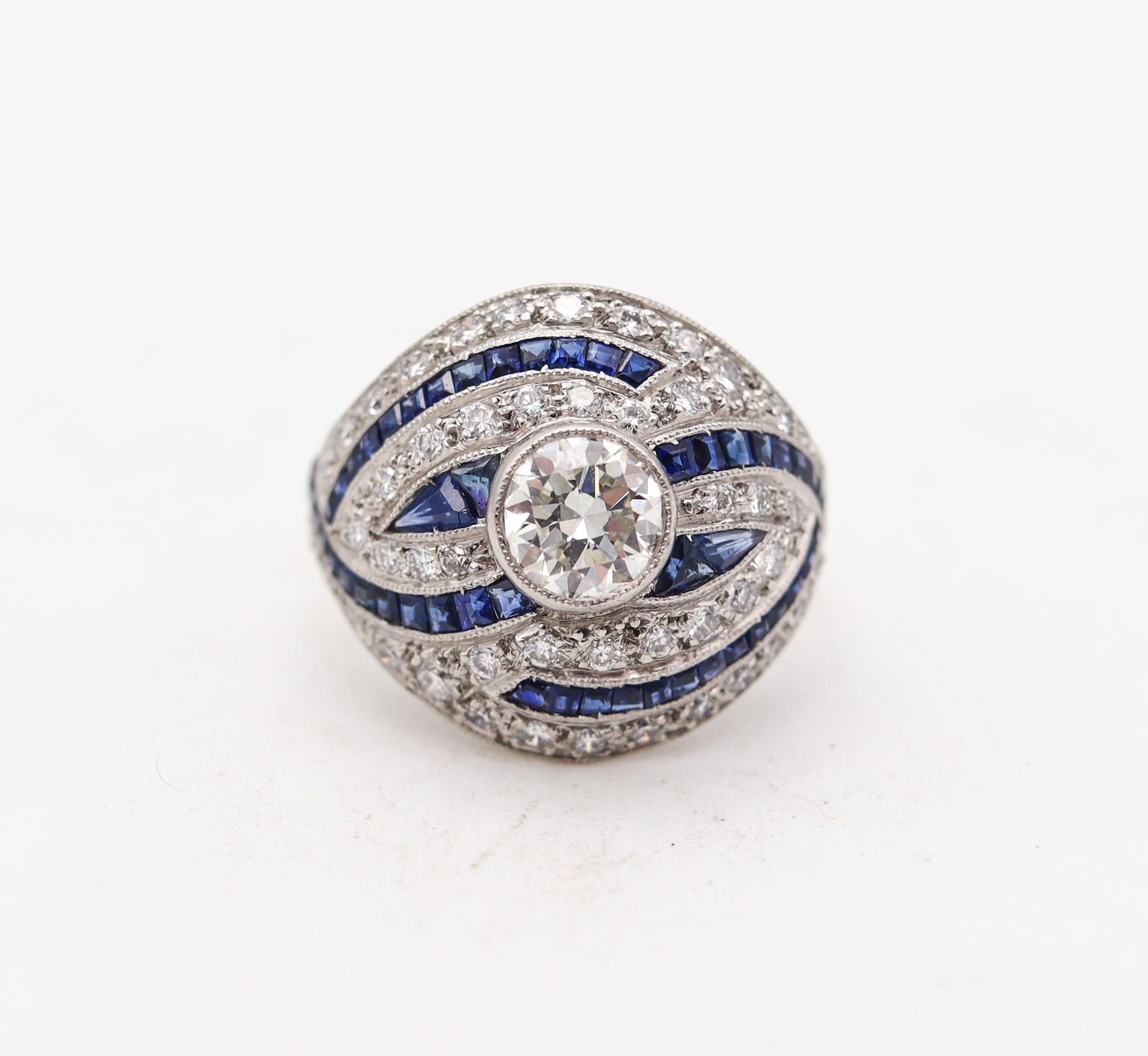 An art deco platinum cocktail ring with sapphires

Super delicate antique cocktail ring, created in America during the art deco period, back in the 1930. This beautiful ring was carefully crafted in solid platinum and mount with a great selection of