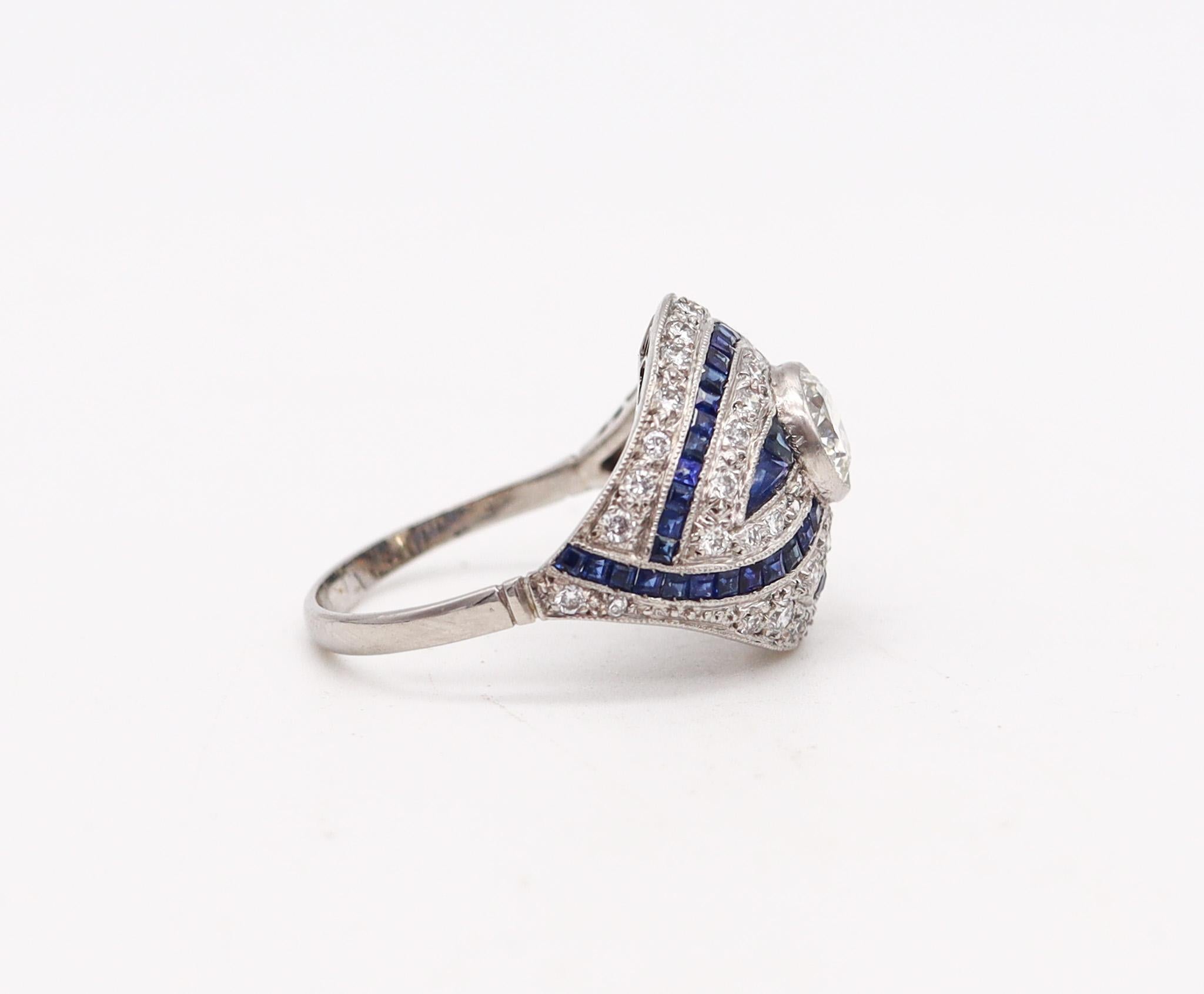 Round Cut Art Deco 1930 Bombe Cocktail Ring In Platinum With 2.85 Ctw Diamonds & Sapphires