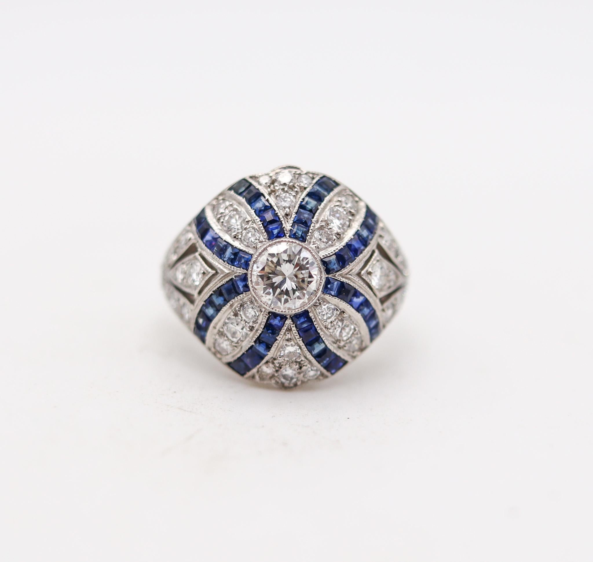 An art deco platinum ring with sapphires

Beautiful antique cocktail ring, created in America during the art deco period, back in the 1930. This beautiful ring was crafted in solid platinum and mount with a great selection of natural earth mined