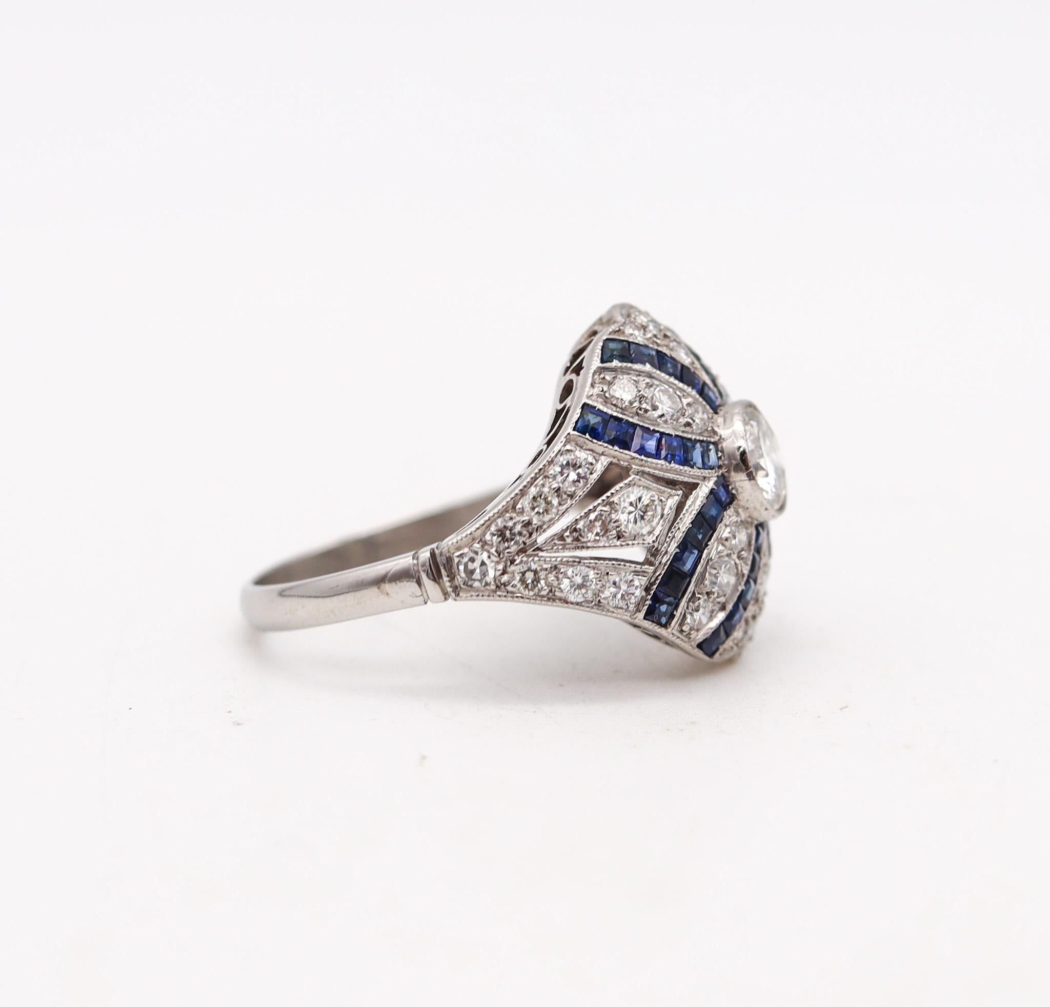 Round Cut Art Deco 1930 Bombe Ring In Platinum With 3.04 Ctw In Diamonds And Sapphires For Sale