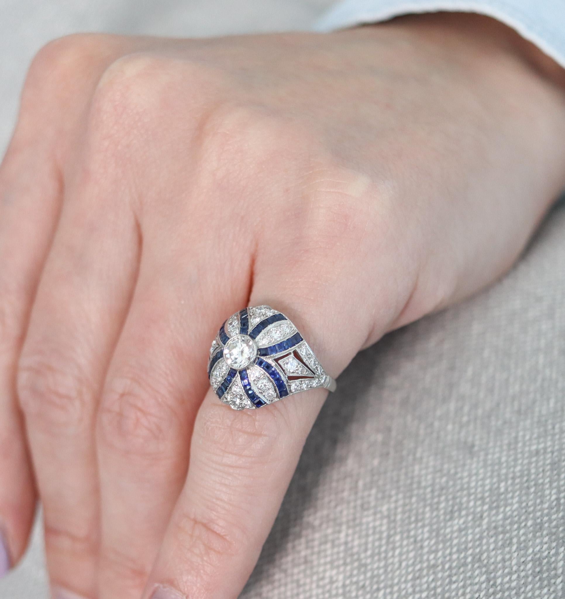 Art Deco 1930 Bombe Ring In Platinum With 3.04 Ctw In Diamonds And Sapphires For Sale 1