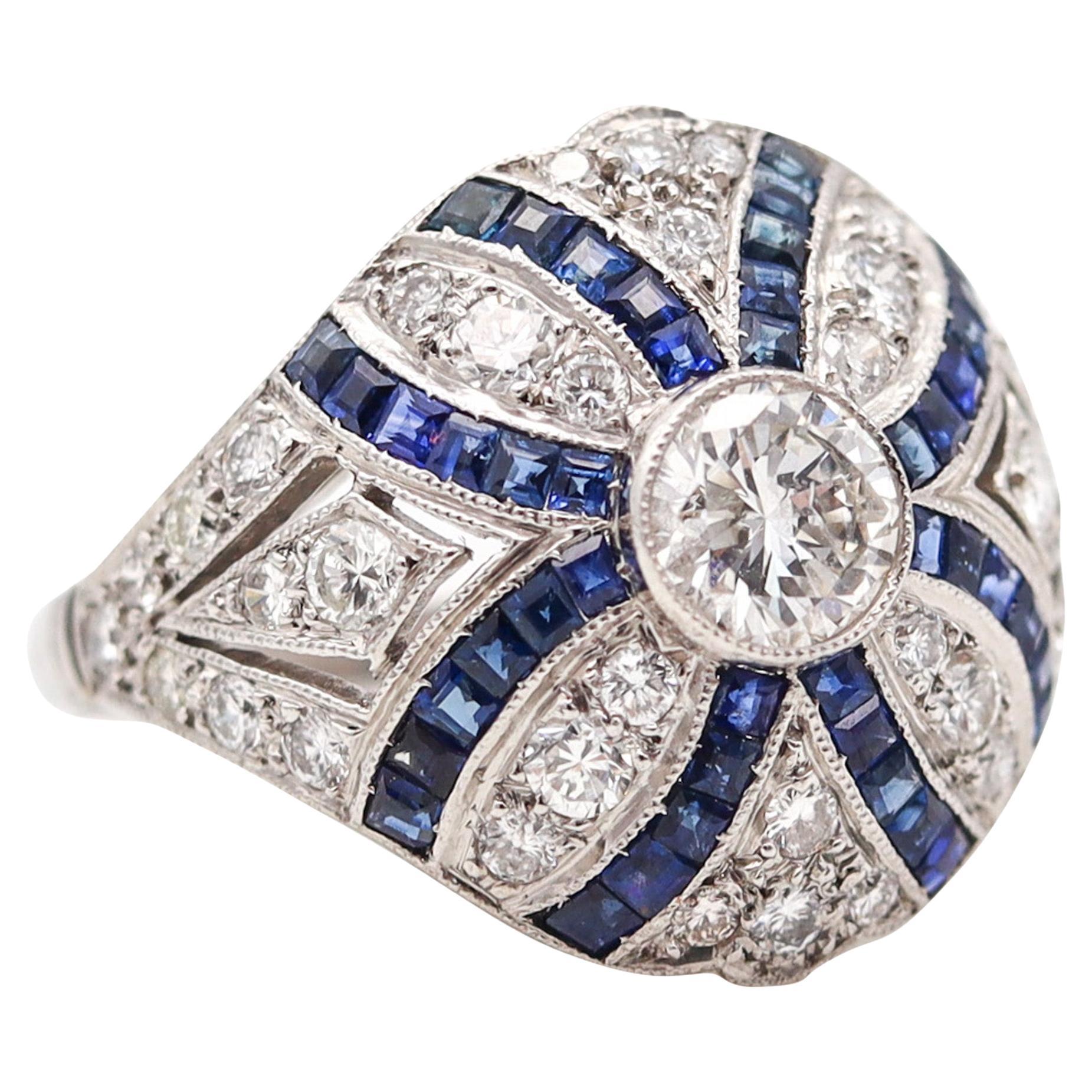 Art Deco 1930 Bombe Ring In Platinum With 3.04 Ctw In Diamonds And Sapphires