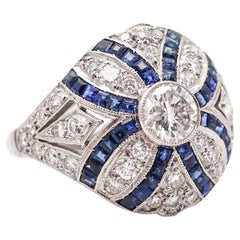 Art Deco 1930 Bombe Ring In Platinum With 3.04 Ctw In Diamonds And Sapphires