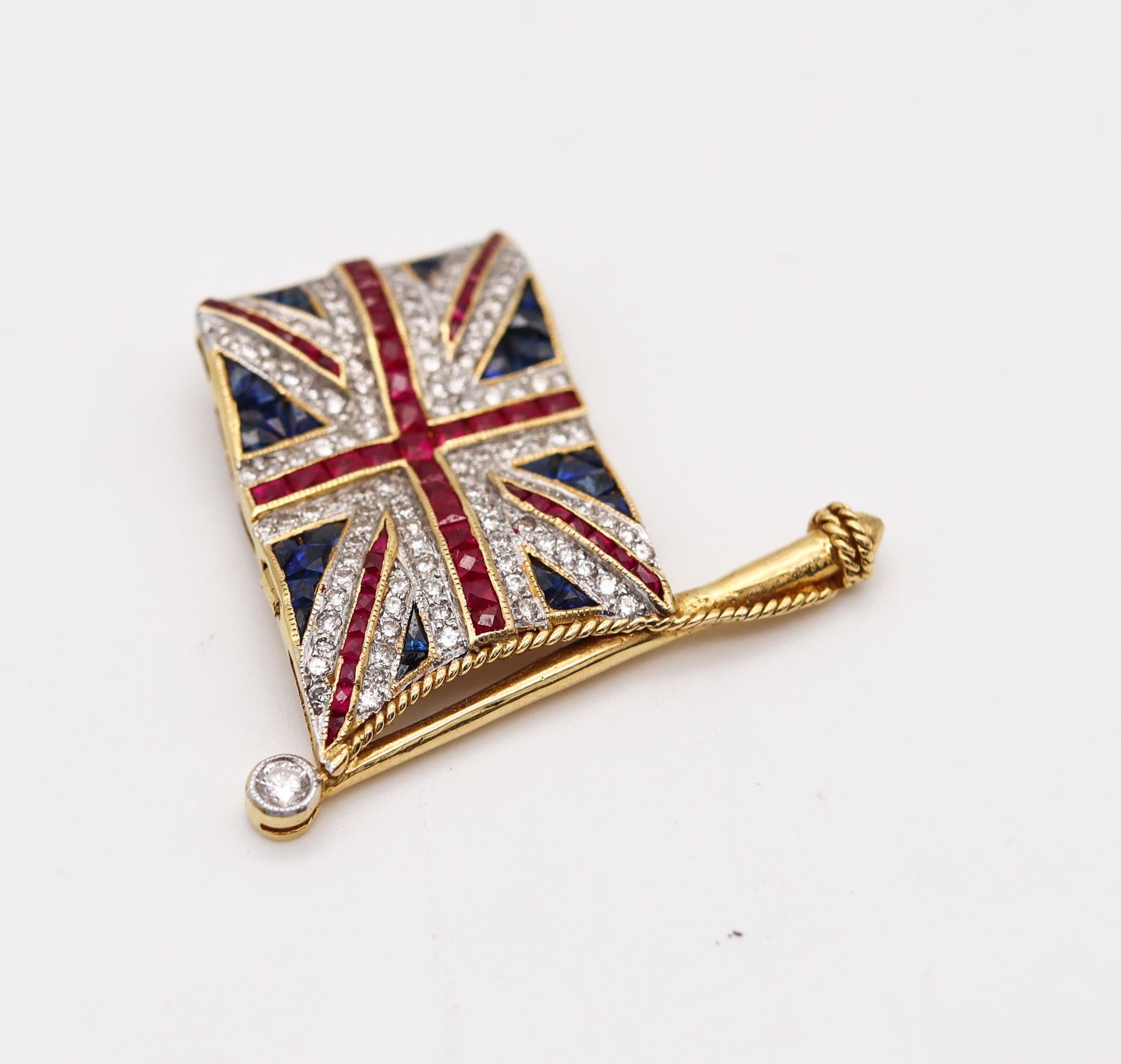 French Cut Art Deco 1930 British Flag Pendant Brooch 18Kt Gold with 4.74 Ctw Caliber Gems