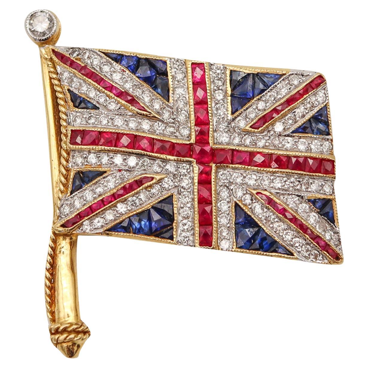 Art Deco 1930 British Flag Pendant Brooch 18Kt Gold with 4.74 Ctw Caliber Gems