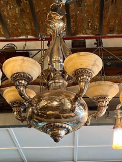 Art Deco 1930 Chandelier in Silver Plated Bronze and Alabaster