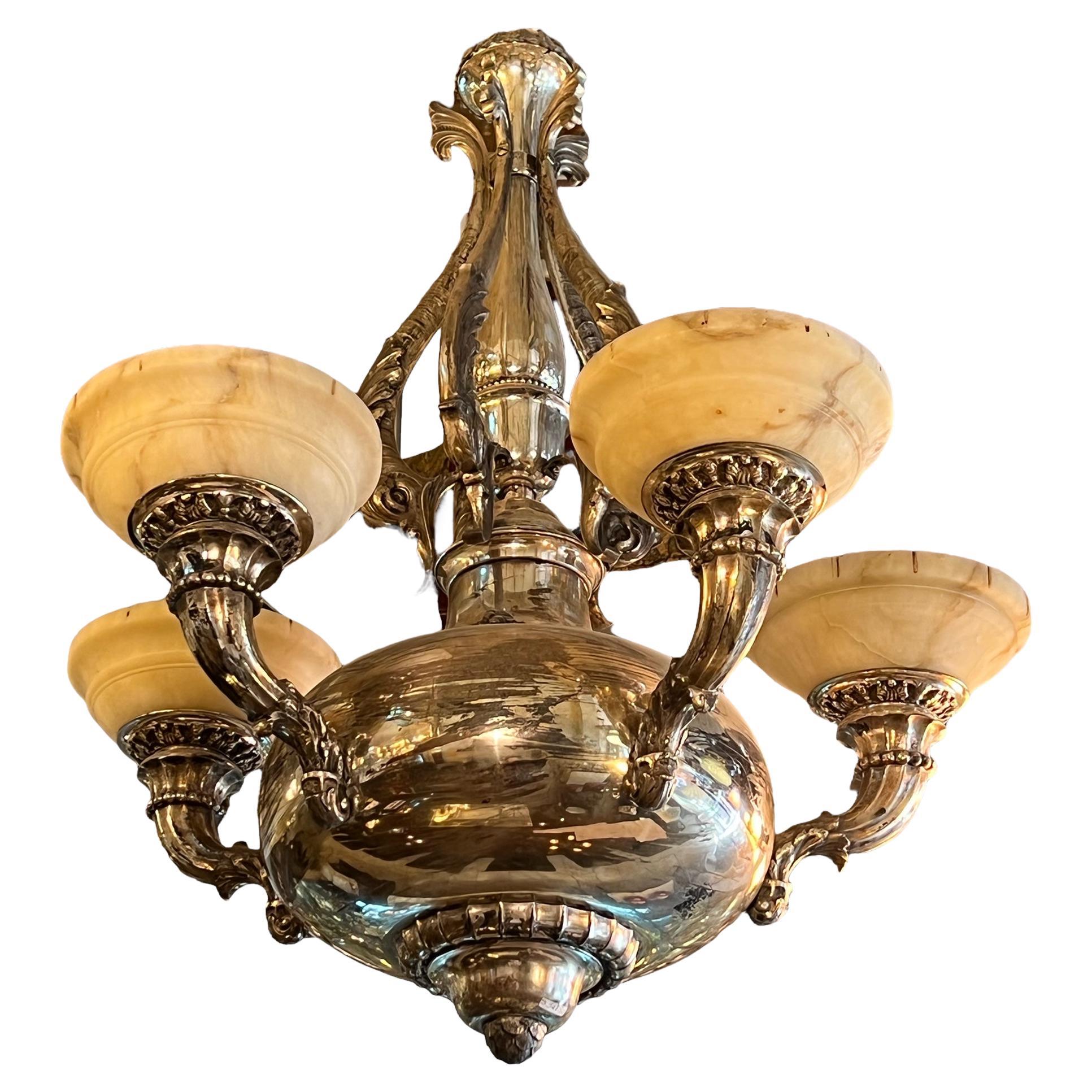 Art Deco 1930 Chandelier in Silver Plated Bronze and Alabaster For Sale