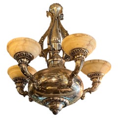 Vintage Art Deco 1930 Chandelier in Silver Plated Bronze and Alabaster