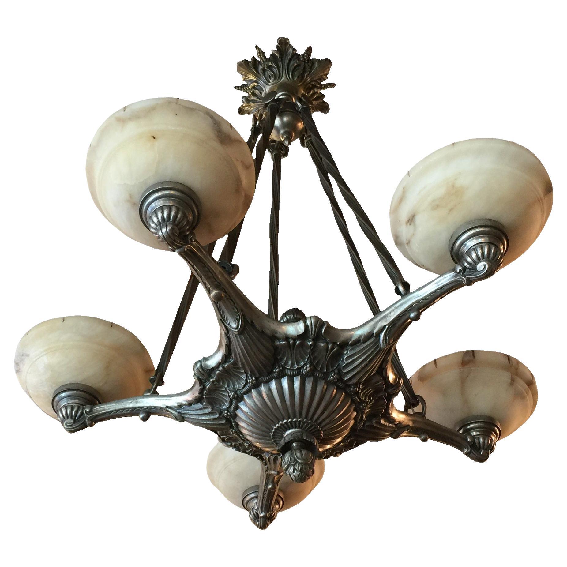 Art Deco 1930 Chandelier in Silver Plated Bronze and Alabaster For Sale