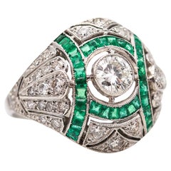 Used Art Deco 1930 Cocktail Bombe Ring In Platinum With 3.19 Ctw Diamonds And Emerald