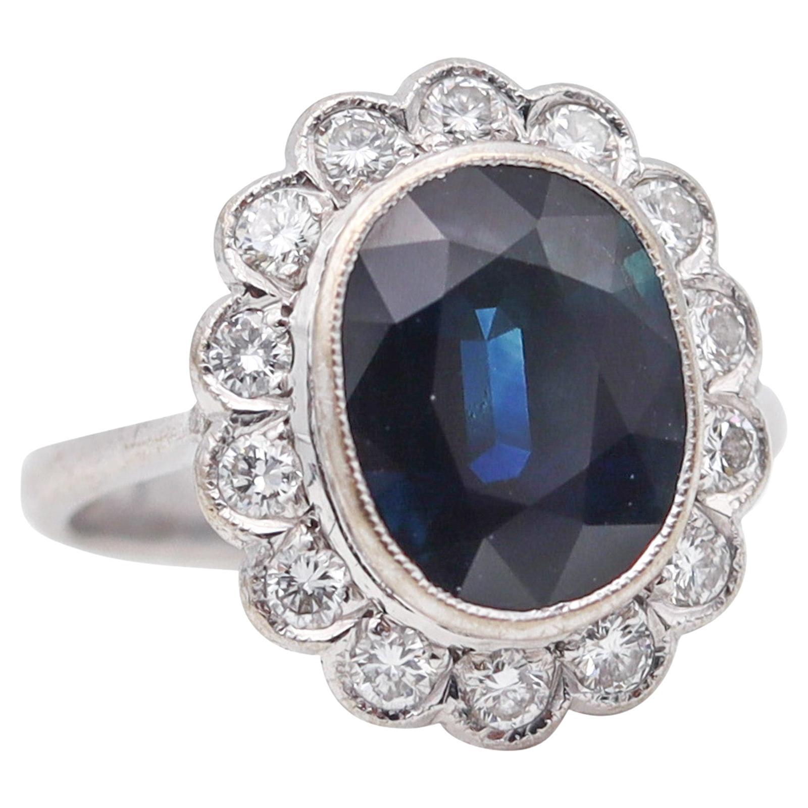Art Deco 1930 Cocktail Ring 18Kt White Gold With 5.06 Ctw Diamonds And Sapphire For Sale