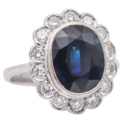 Vintage Art Deco 1930 Cocktail Ring 18Kt White Gold With 5.06 Ctw Diamonds And Sapphire