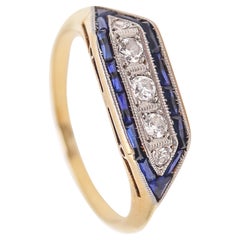 Art Deco 1930 Cocktail Ring In 18Kt Yellow Gold With Diamonds And Sapphires