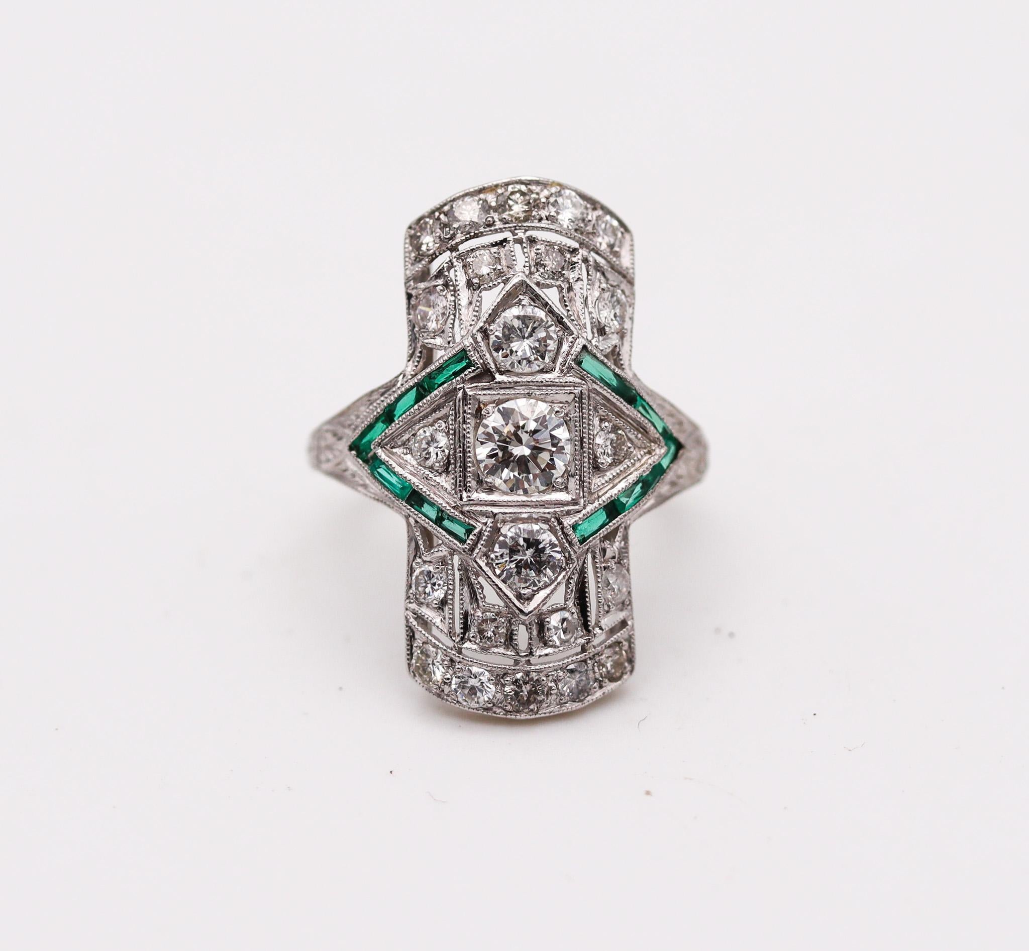 An art deco platinum ring.

Stunning art deco cocktail ring, created in America back in the 1930. This beautiful ring was crafted in platinum and iridium and mount with a great selection of gemstones, The stones settings are finished with millegrain