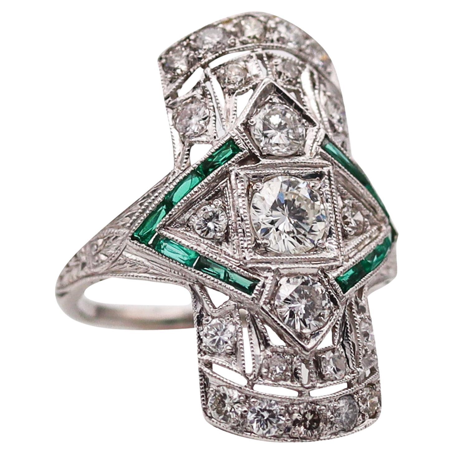 Art Deco 1930 Cocktail Ring In Platinum With 1.55 Ctw In Diamonds And Emerald For Sale