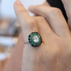 ART DECO 1930 Cocktail Ring In Platinum With 2.67 Ctw Diamonds Emeralds & Onyx