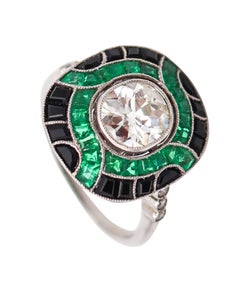 ART DECO 1930 Cocktail Ring In Platinum With 2.67 Ctw Diamonds Emeralds 
Onyx
