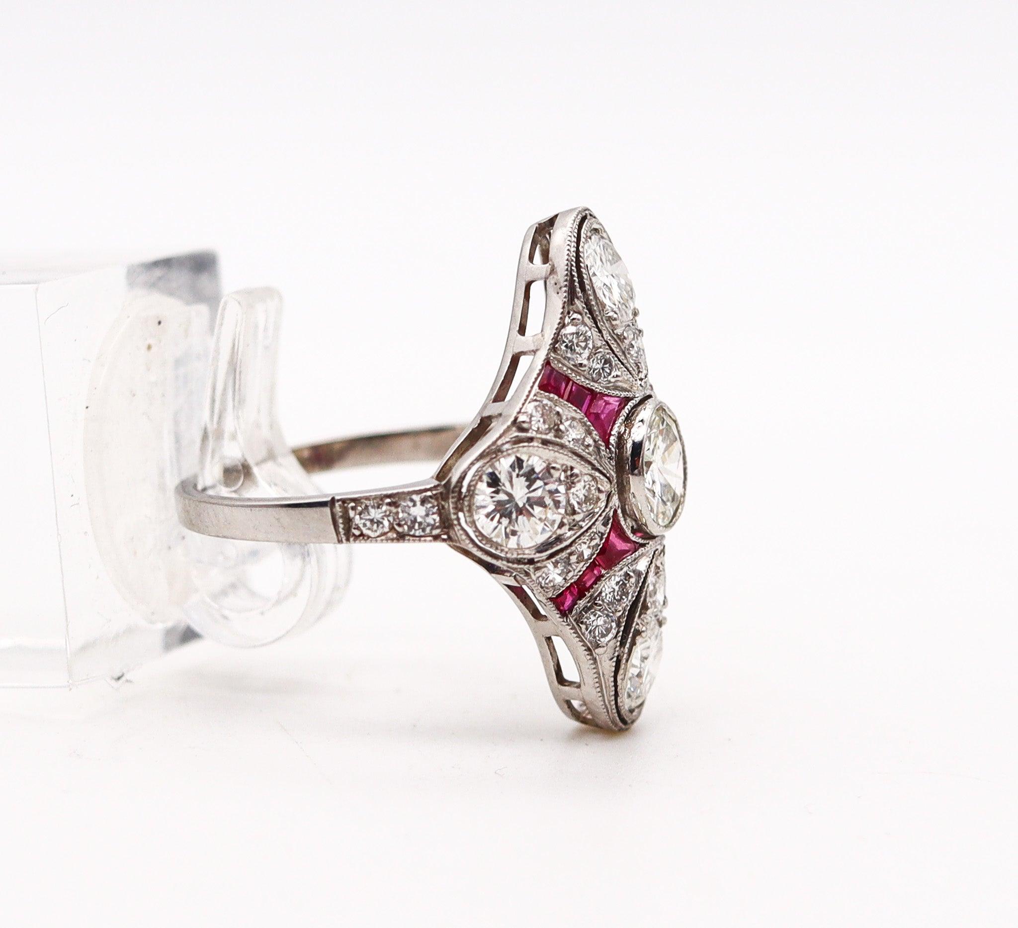 Old European Cut ART DECO 1930 Cocktail Ring In Platinum With 2.82 Ctw Diamonds And Rubies