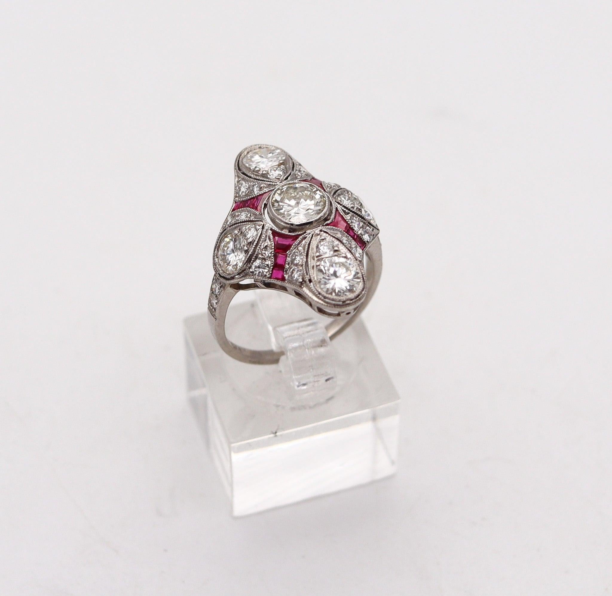 Women's ART DECO 1930 Cocktail Ring In Platinum With 2.82 Ctw Diamonds And Rubies