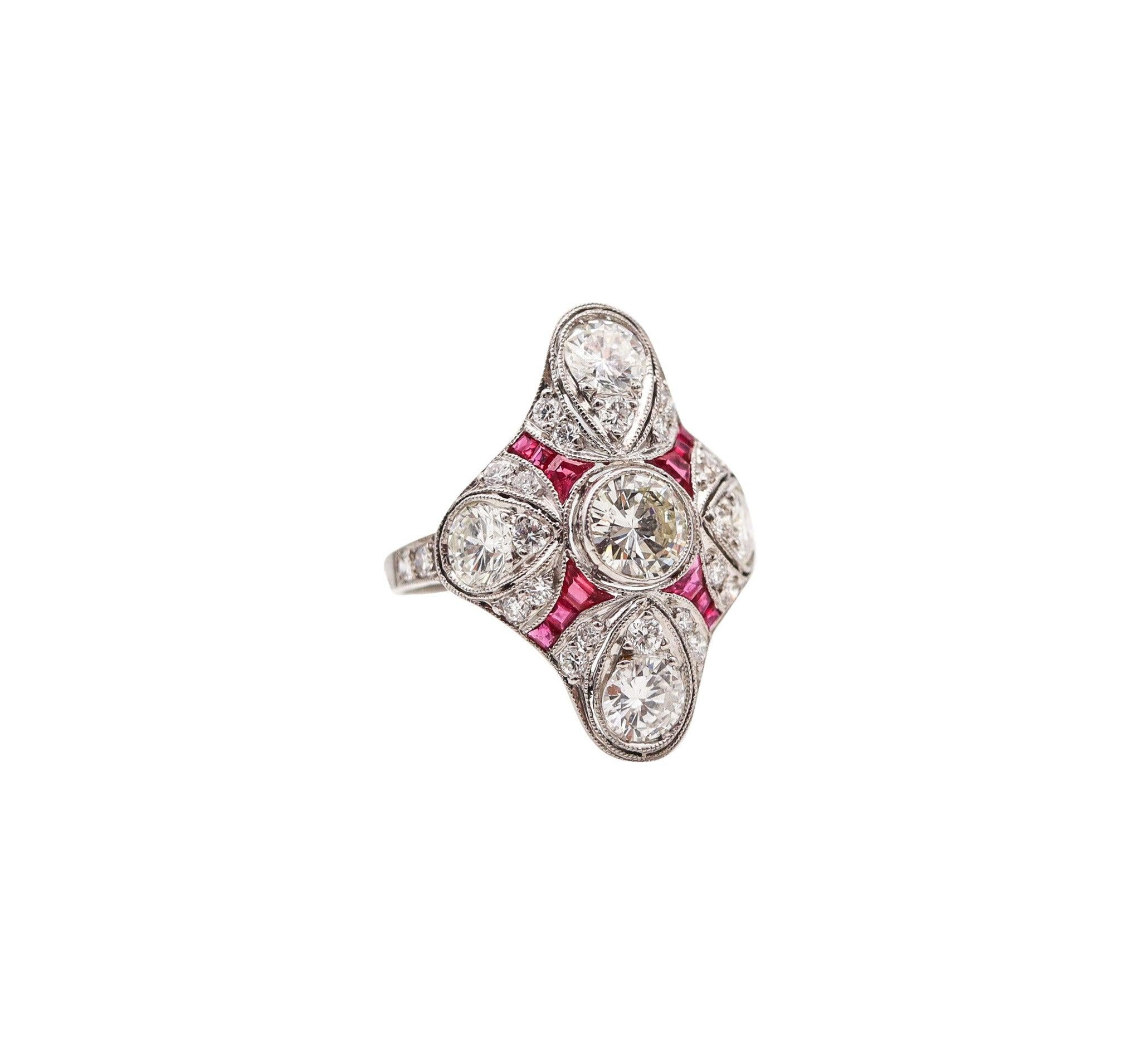 ART DECO 1930 Cocktail Ring In Platinum With 2.82 Ctw Diamonds And Rubies 2