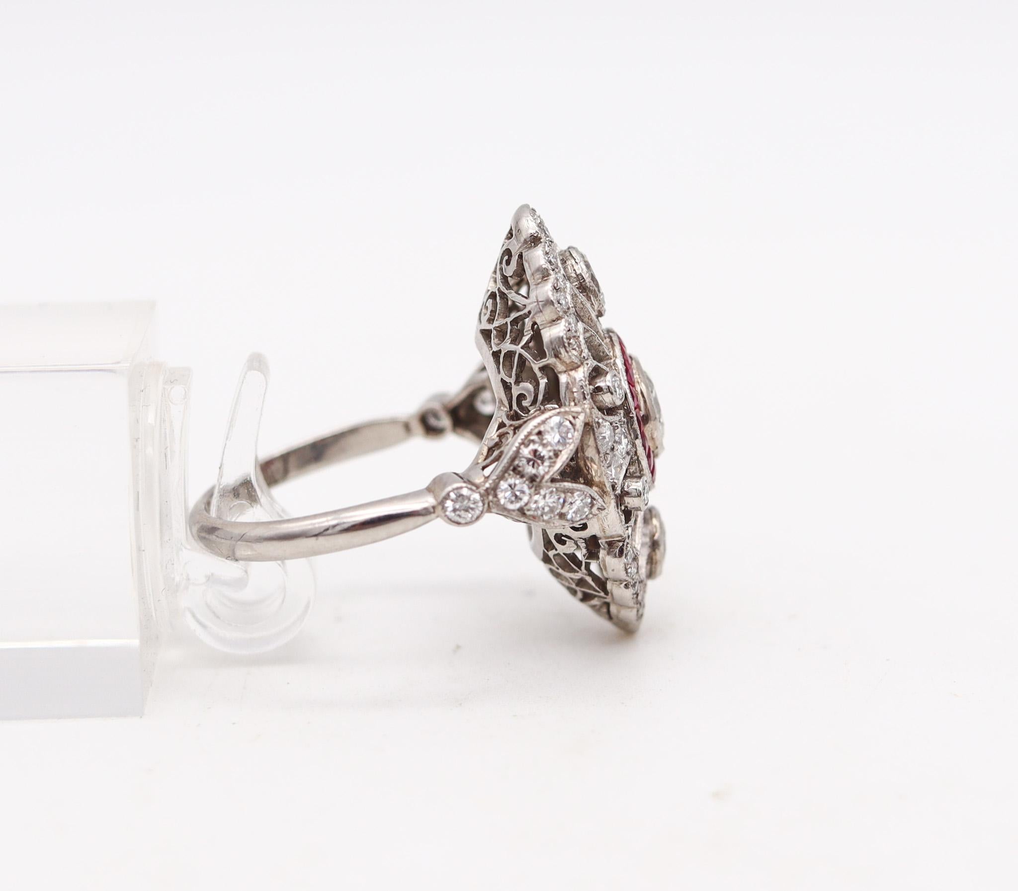 Mixed Cut Art Deco 1930 Cocktail Ring In Platinum With 2.92 Ctw In Diamonds And Rubies For Sale