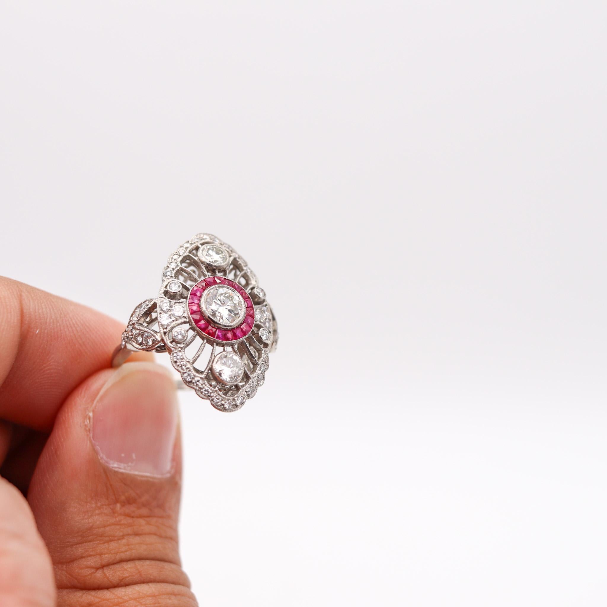 Women's Art Deco 1930 Cocktail Ring In Platinum With 2.92 Ctw In Diamonds And Rubies For Sale