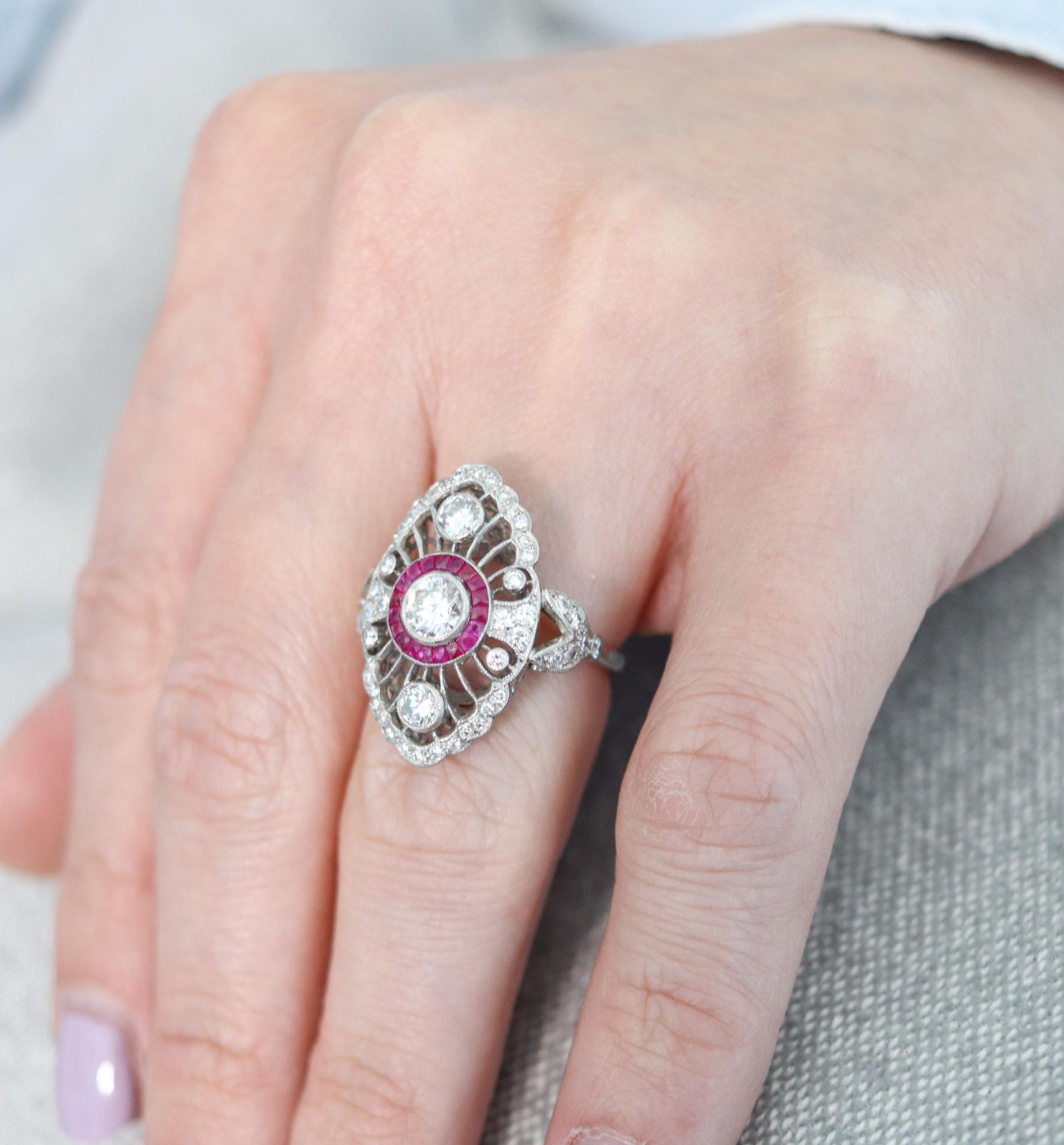 Art Deco 1930 Cocktail Ring In Platinum With 2.92 Ctw In Diamonds And Rubies For Sale 1