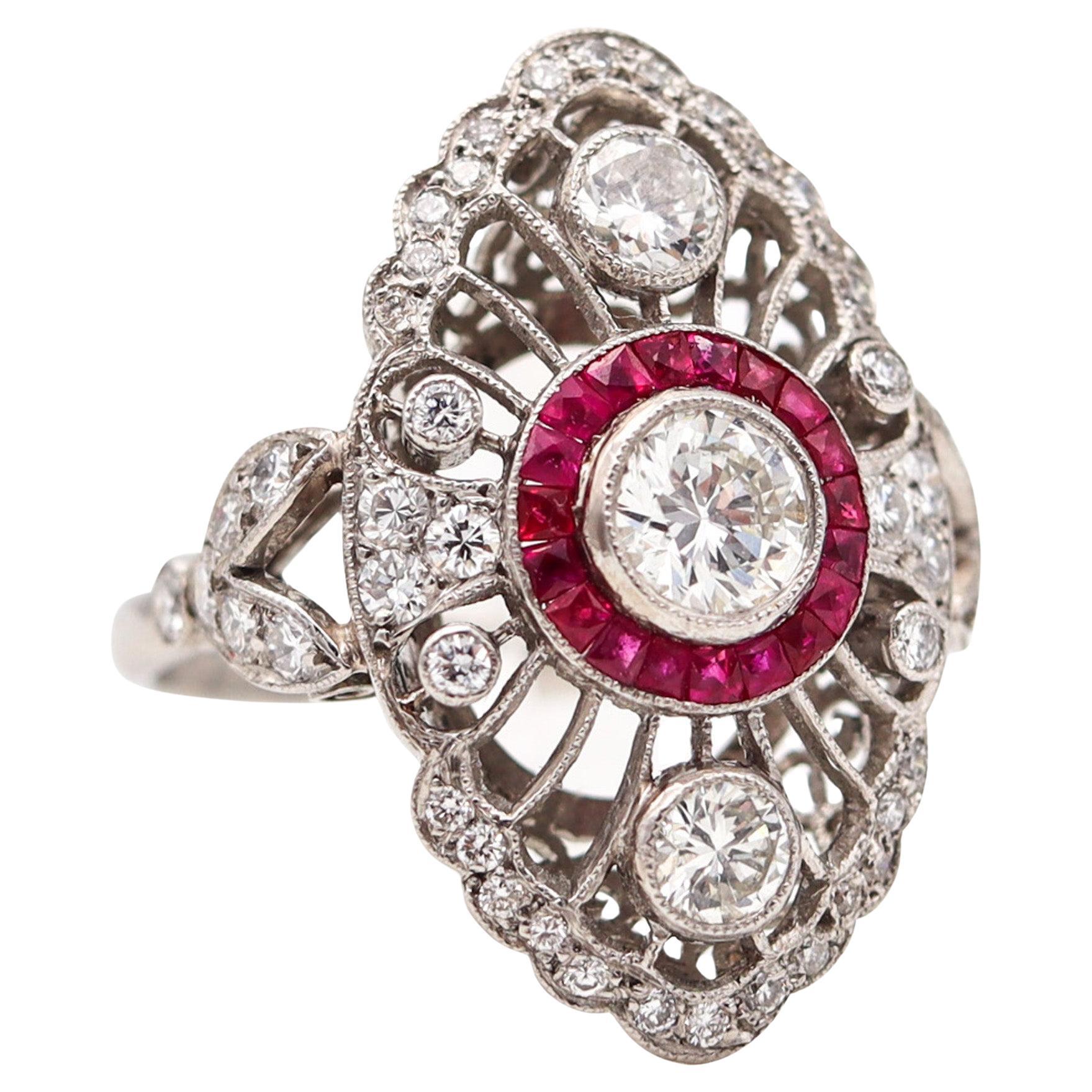 Art Deco 1930 Cocktail Ring In Platinum With 2.92 Ctw In Diamonds And Rubies For Sale