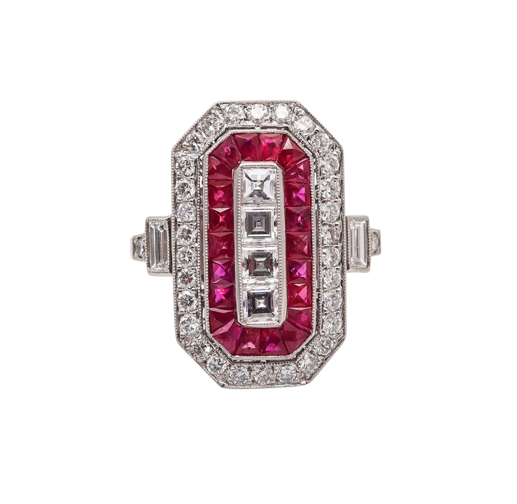 Art Deco ART DECO 1930 Cocktail Ring In Platinum With 3.07 Ctw In Diamonds And Rubies For Sale