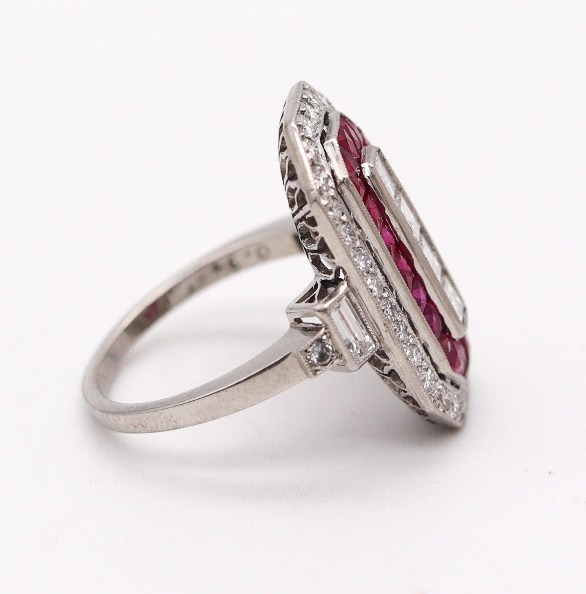 French Cut ART DECO 1930 Cocktail Ring In Platinum With 3.07 Ctw In Diamonds And Rubies For Sale