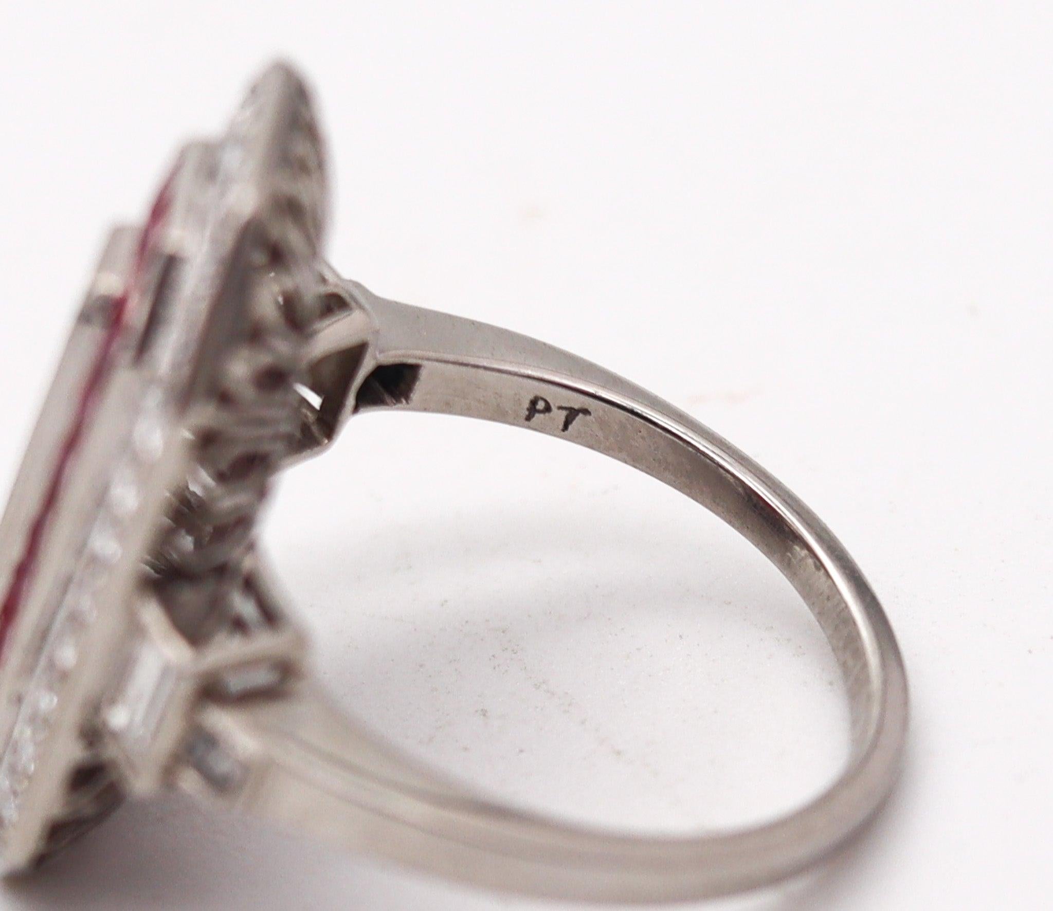 Women's ART DECO 1930 Cocktail Ring In Platinum With 3.07 Ctw In Diamonds And Rubies For Sale