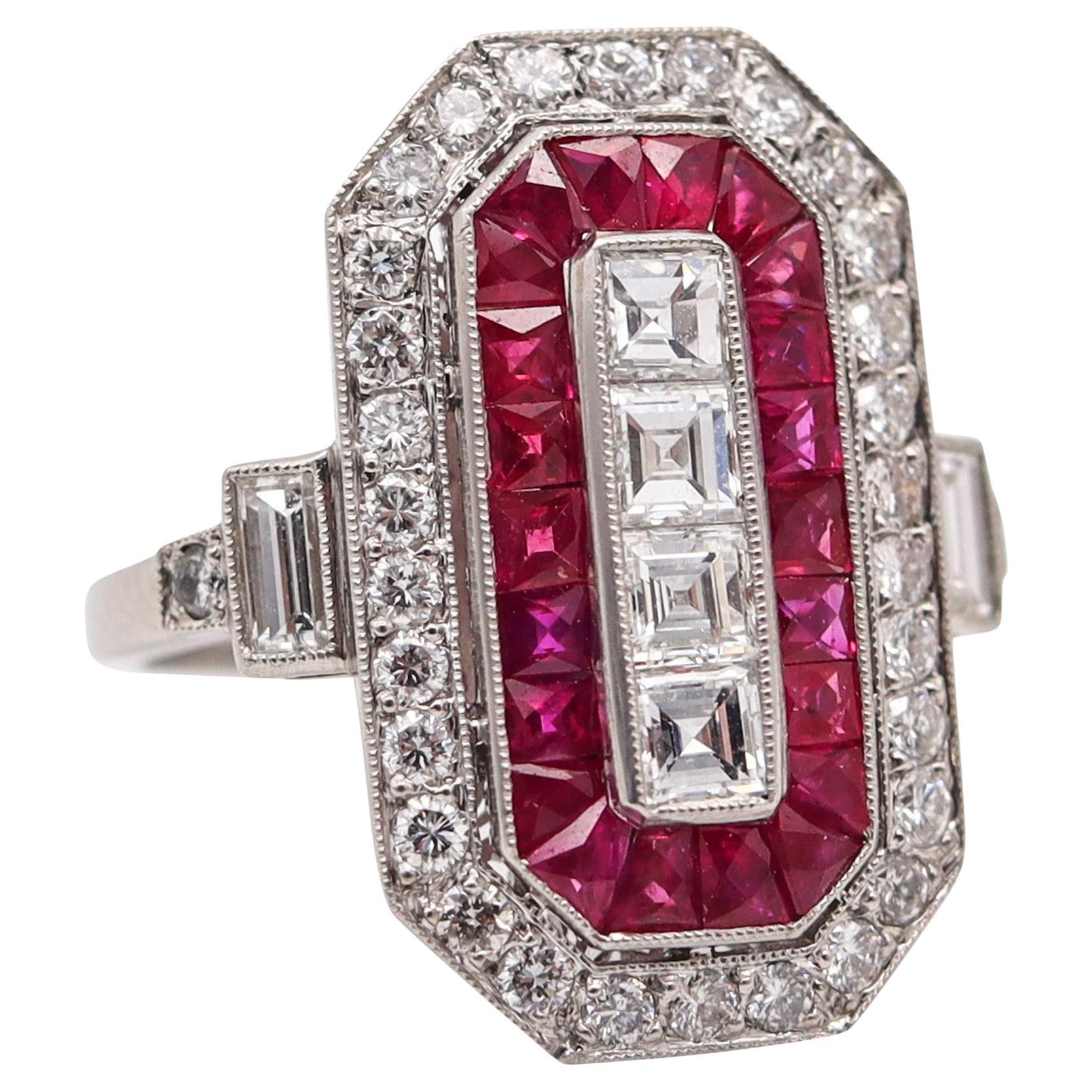 ART DECO 1930 Cocktail Ring In Platinum With 3.07 Ctw In Diamonds And Rubies