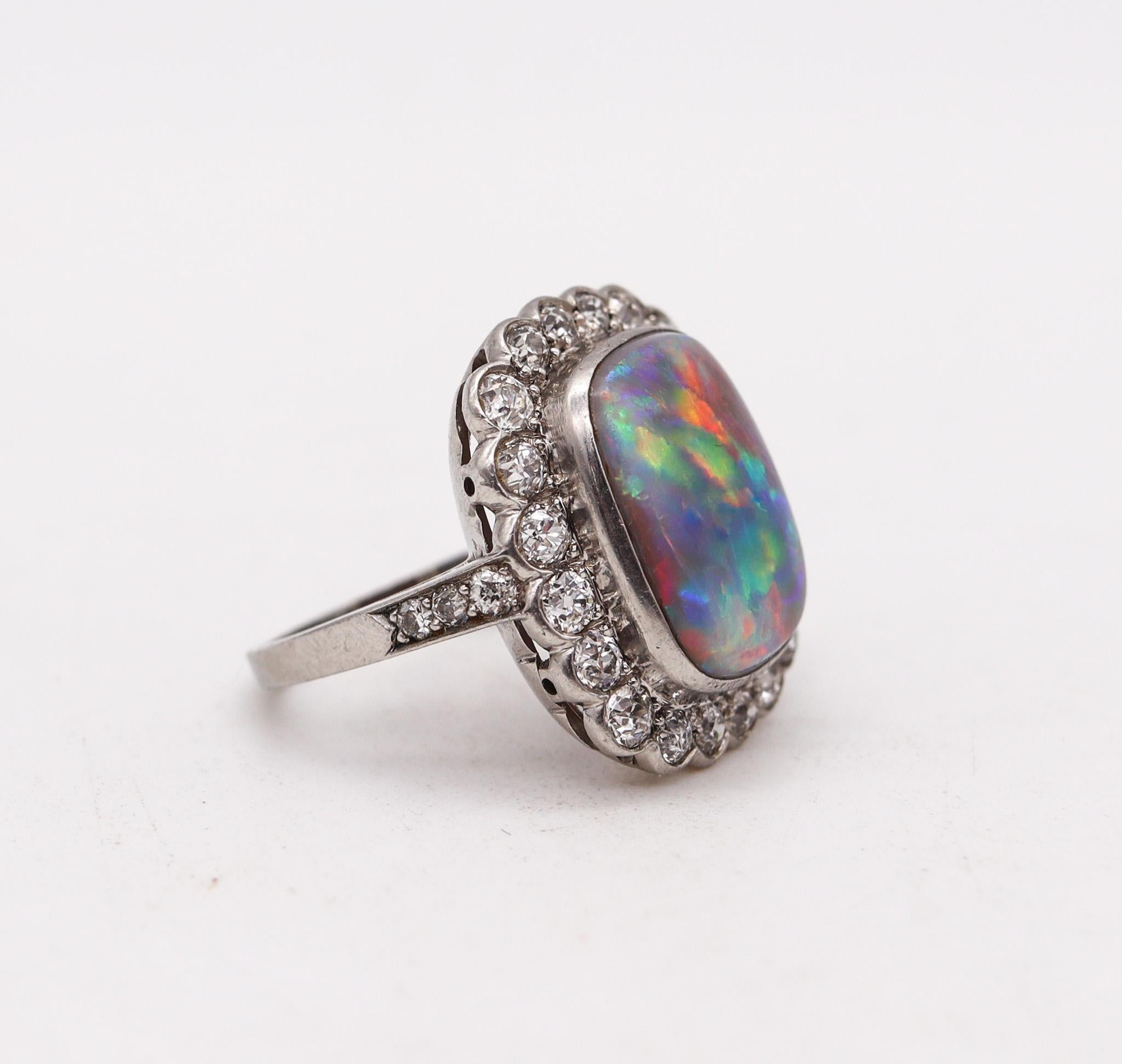 Cushion Cut Art Deco 1930 Cocktail Ring in Platinum with 6.12cts Australian Opal & Diamonds For Sale