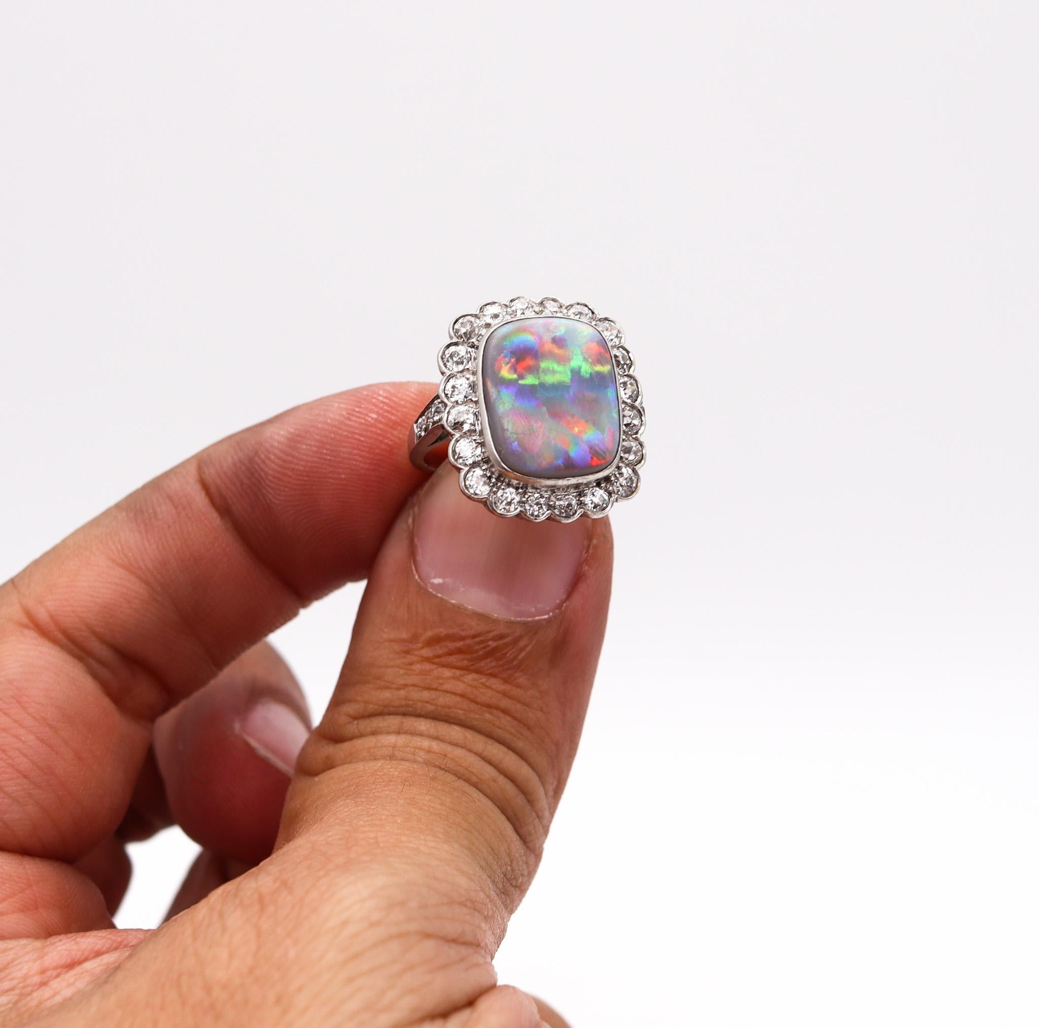 Art Deco 1930 Cocktail Ring in Platinum with 6.12cts Australian Opal & Diamonds For Sale 1