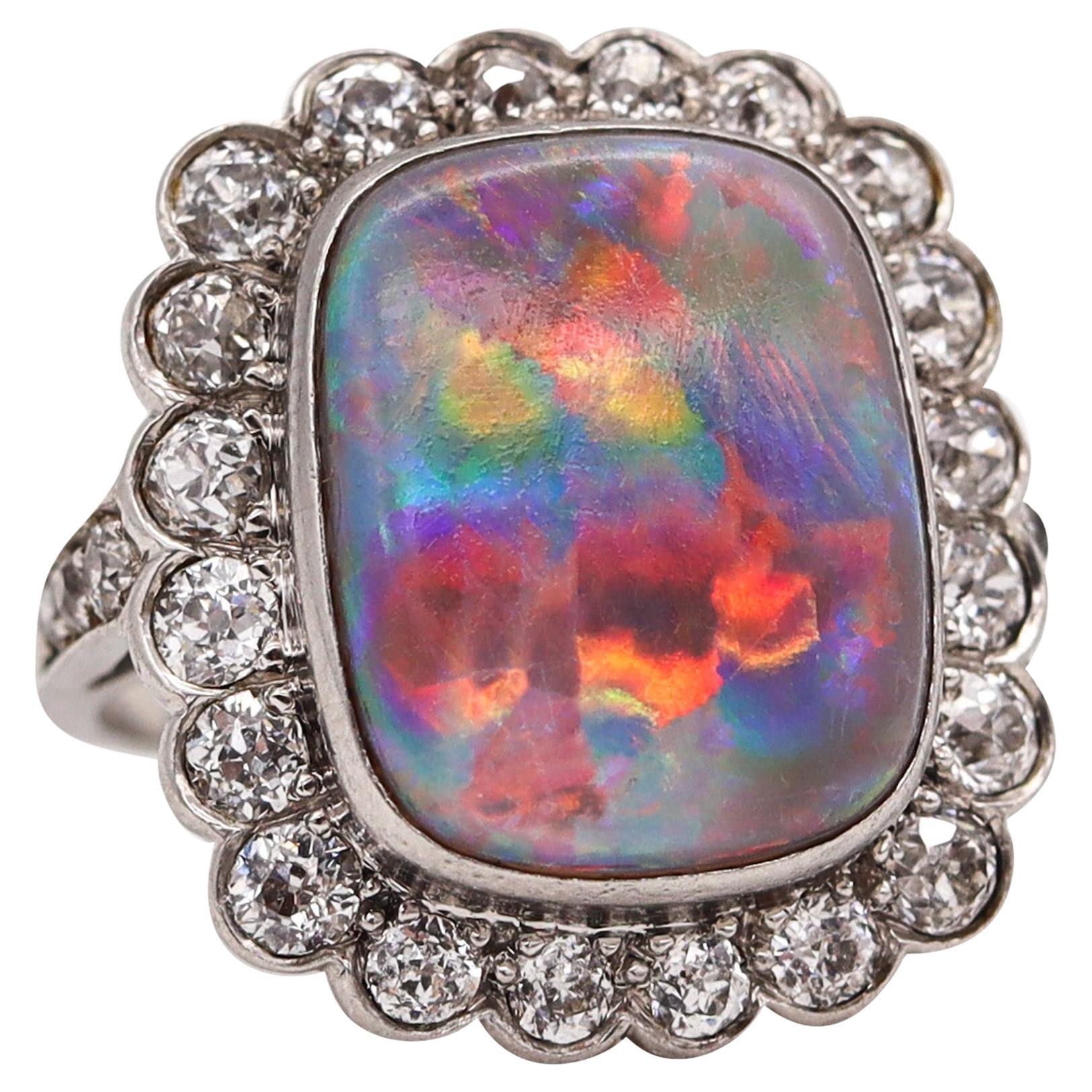 Art Deco 1930 Cocktail Ring in Platinum with 6.12cts Australian Opal & Diamonds