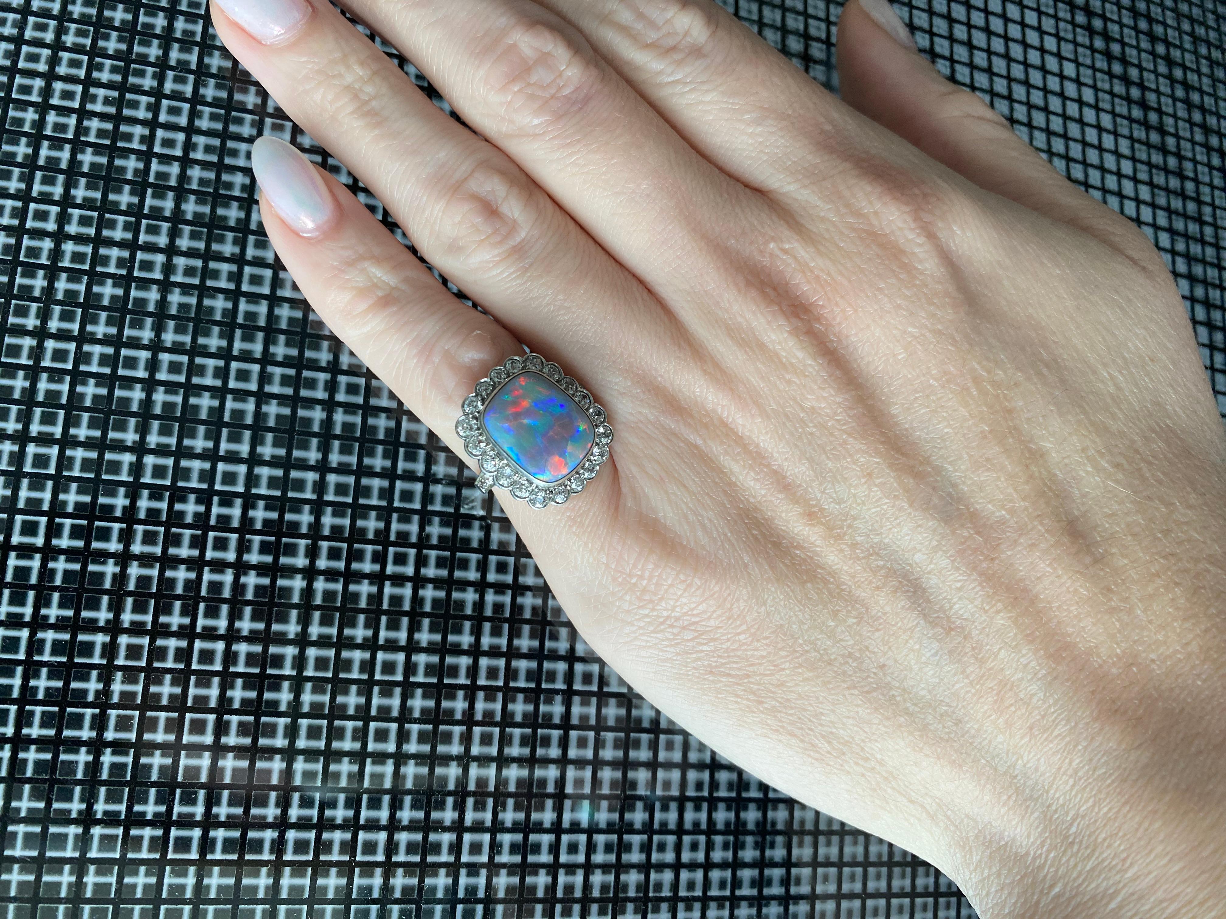Art Deco 1930 Cocktail Ring in Platinum with 6.12cts Australian Opal & Diamonds For Sale 4